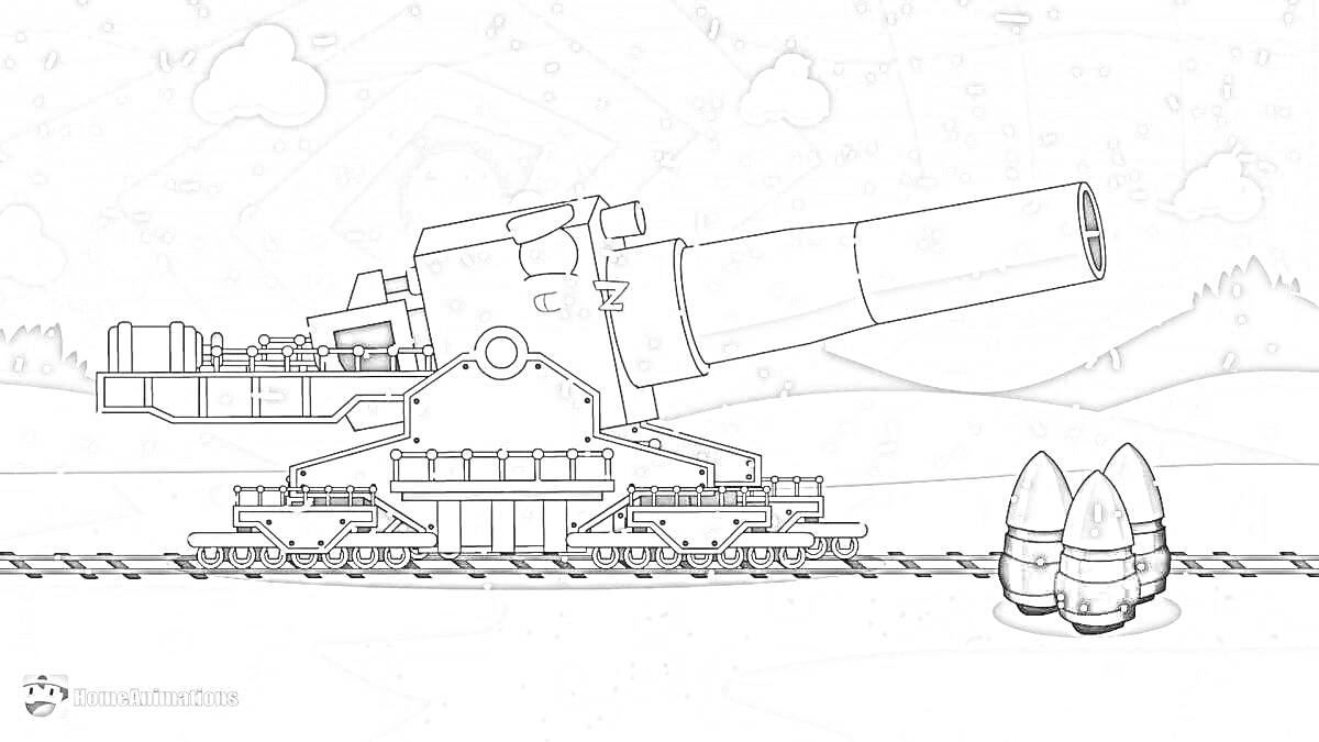 Раскраска Большая пушка на рельсах с тремя снарядами