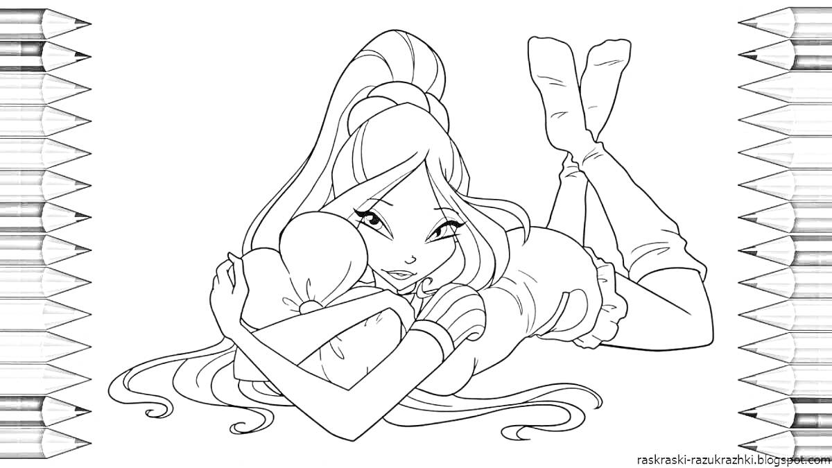 Раскраска Девушка с длинными волосами, лежащая на животе с поднятыми ногами