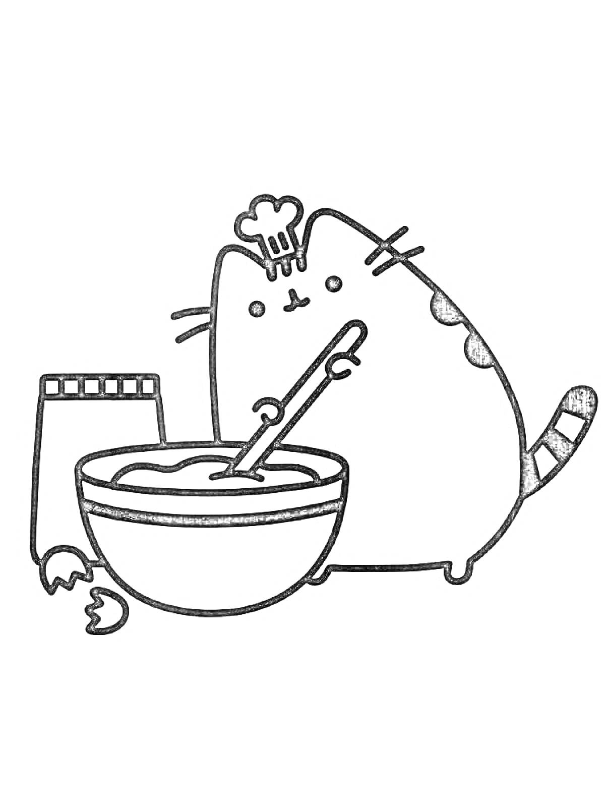 Раскраска Кот Пушин готовит, мешает тесто в миске, рядом пакет муки и разбитые яйца, кот в поварском колпаке