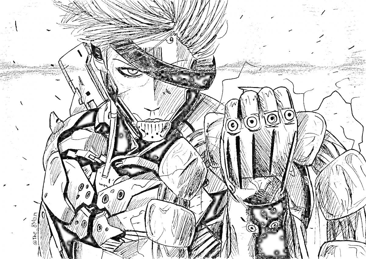 Раскраска Райден Сегун в боевой экипировке с механической рукой и защитной маской