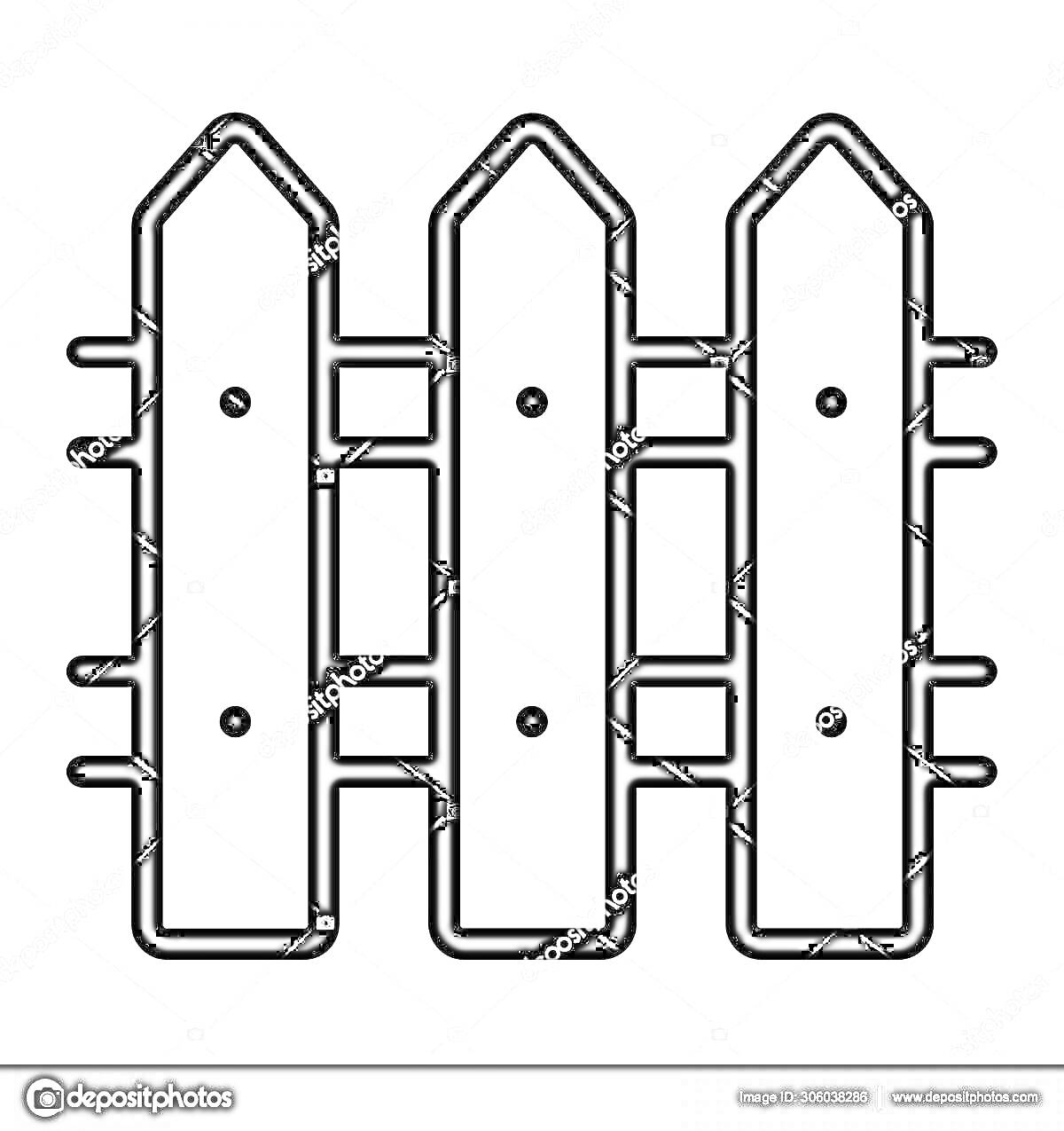 Раскраска Черно-белая раскраска с изображением трех вертикальных досок забора, закрепленных двумя горизонтальными перекладинами с болтами
