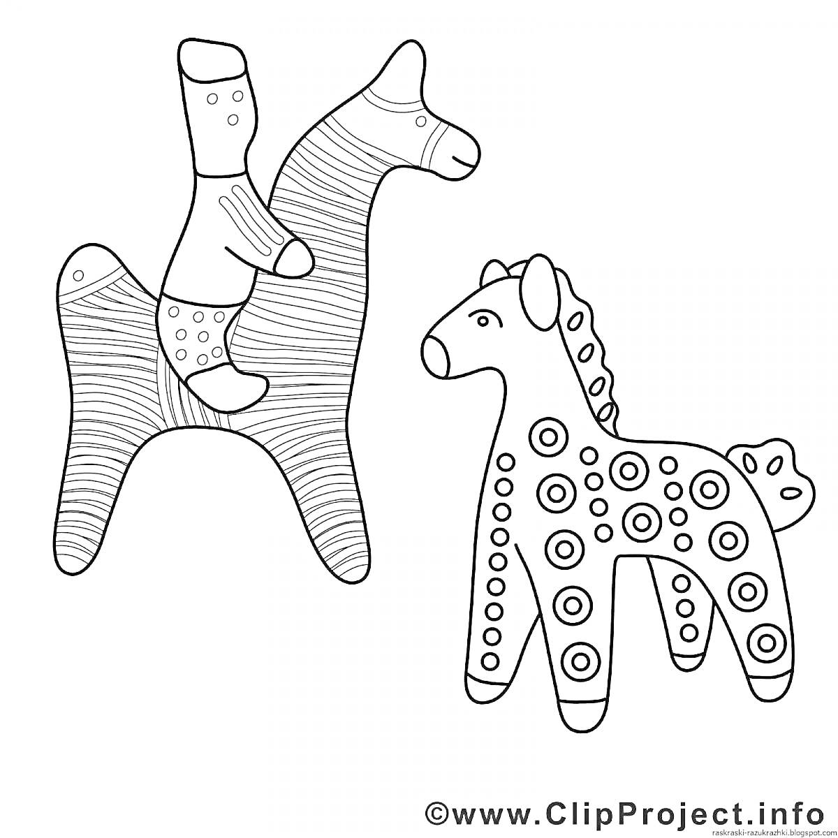 Раскраска Филимоновская игрушка: всадник на лошади и пятнистая лошадка