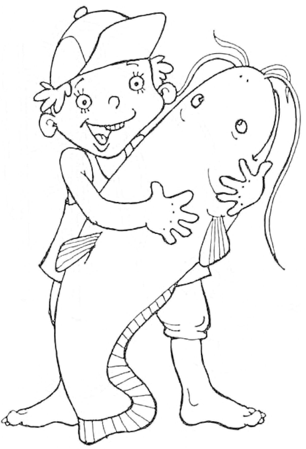 Раскраска Мальчик в кепке, держащий большого сома