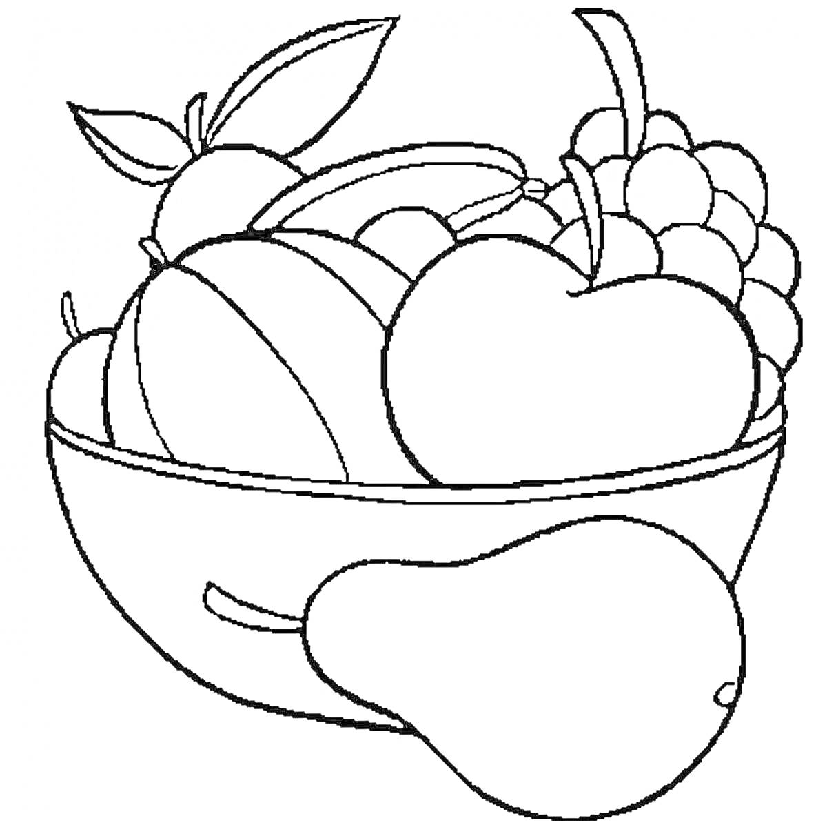 На раскраске изображено: Натюрморт, Фрукты, Миска, Яблоко, Виноград, Дыня, Апельсин