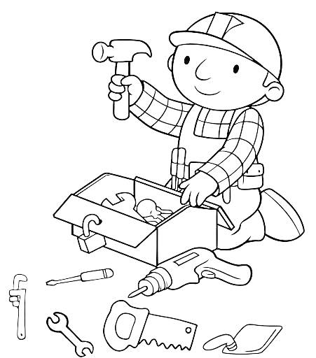 Рабочий с молотком и набором инструментов (коробка с инструментами, гаечный ключ, ножовка, отвертка, трубный ключ, уровень, шуруповерт)