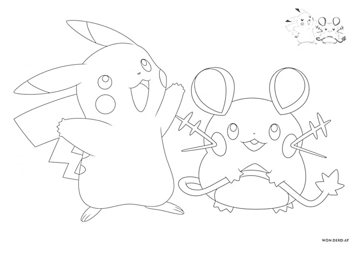 Раскраска Пикачу и Марилл (раскраска с Пикачу и Марилл, изображенными радующимися вместе, в верхнем правом углу картинка с цветным Пикачу)