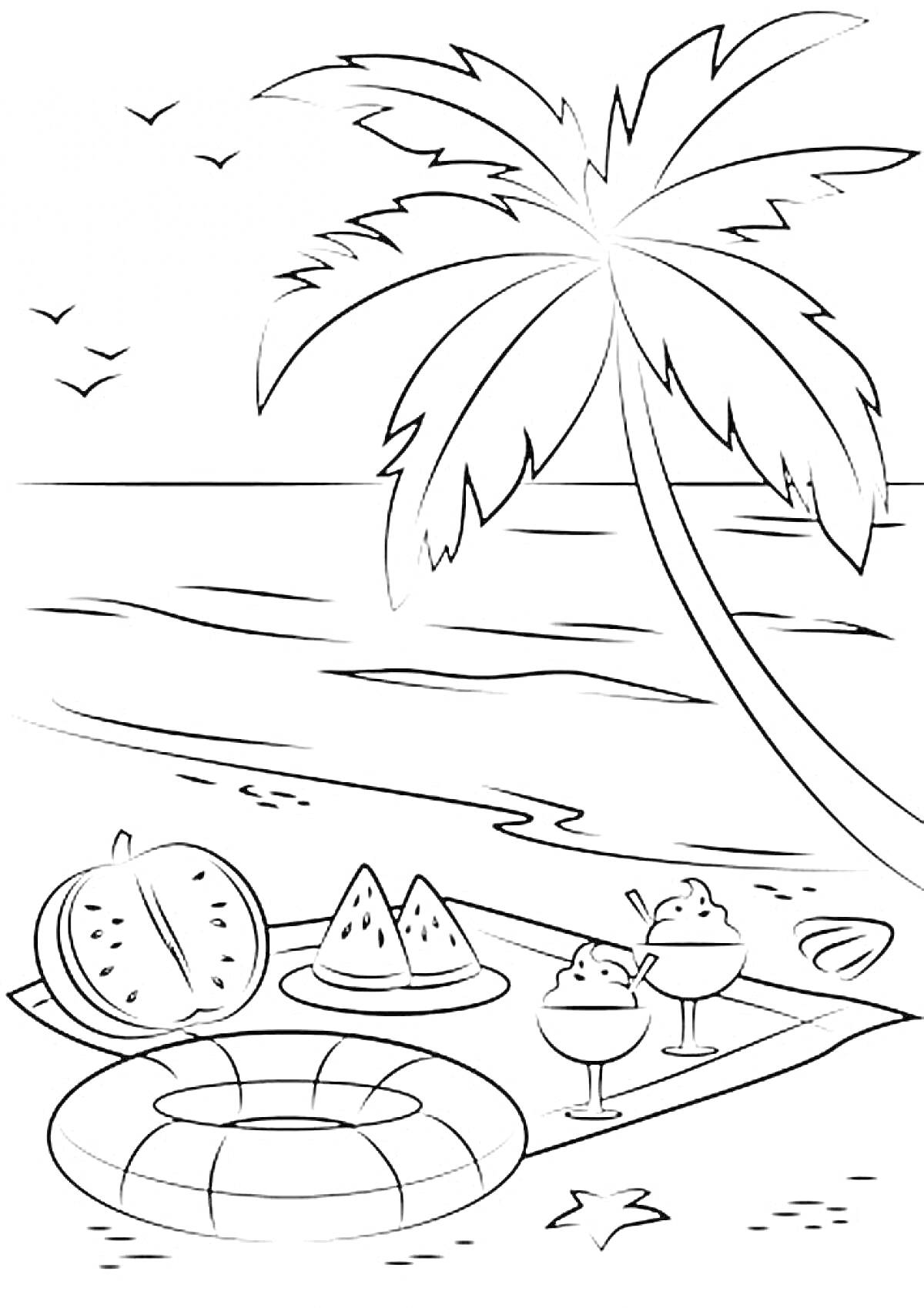 Раскраска Остров с пальмой, лежак на пляже с угощениями и кругом для плавания