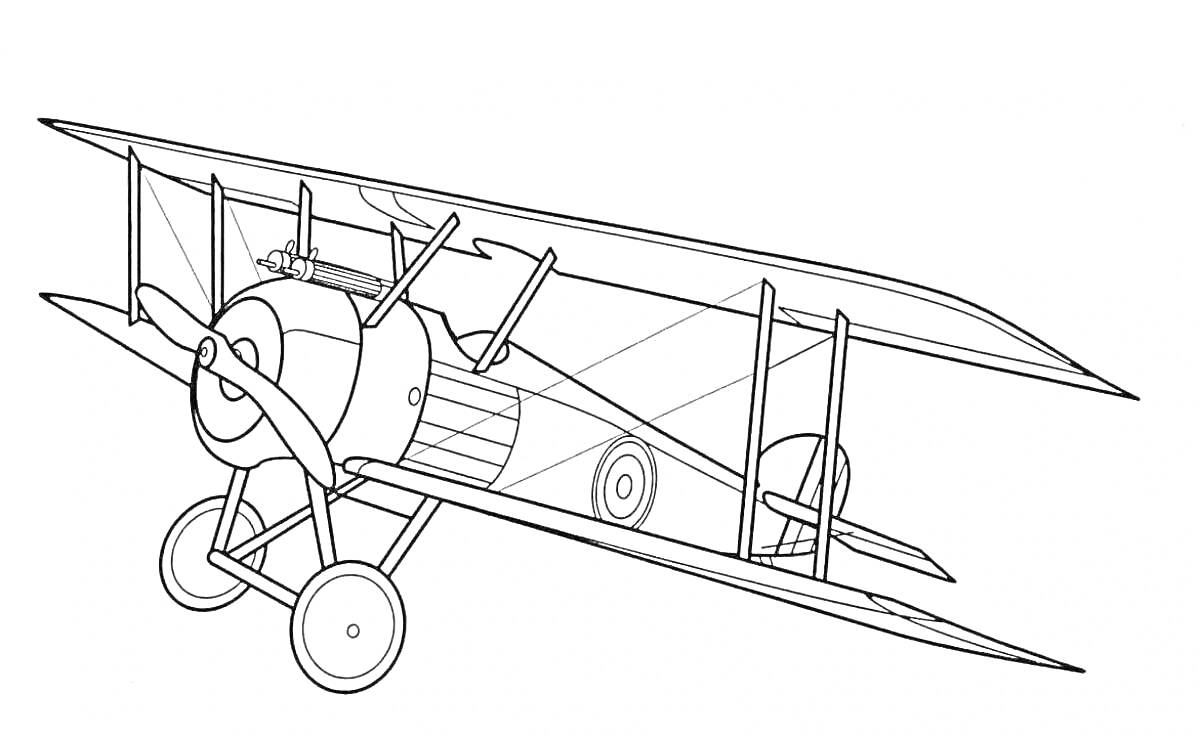 Биплан с двумя рядами крыльев, пропеллером и колёсным шасси
