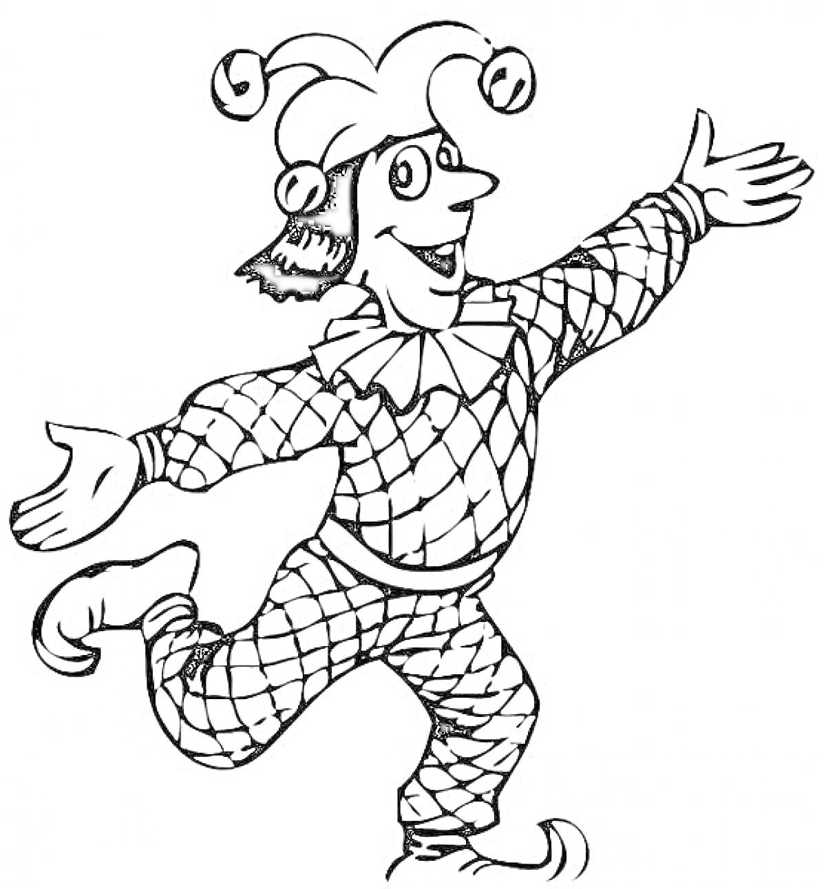 Раскраска Шут в традиционном костюме с колпаком с колокольчиками и ромбовидным узором, танцующий с распростертыми руками