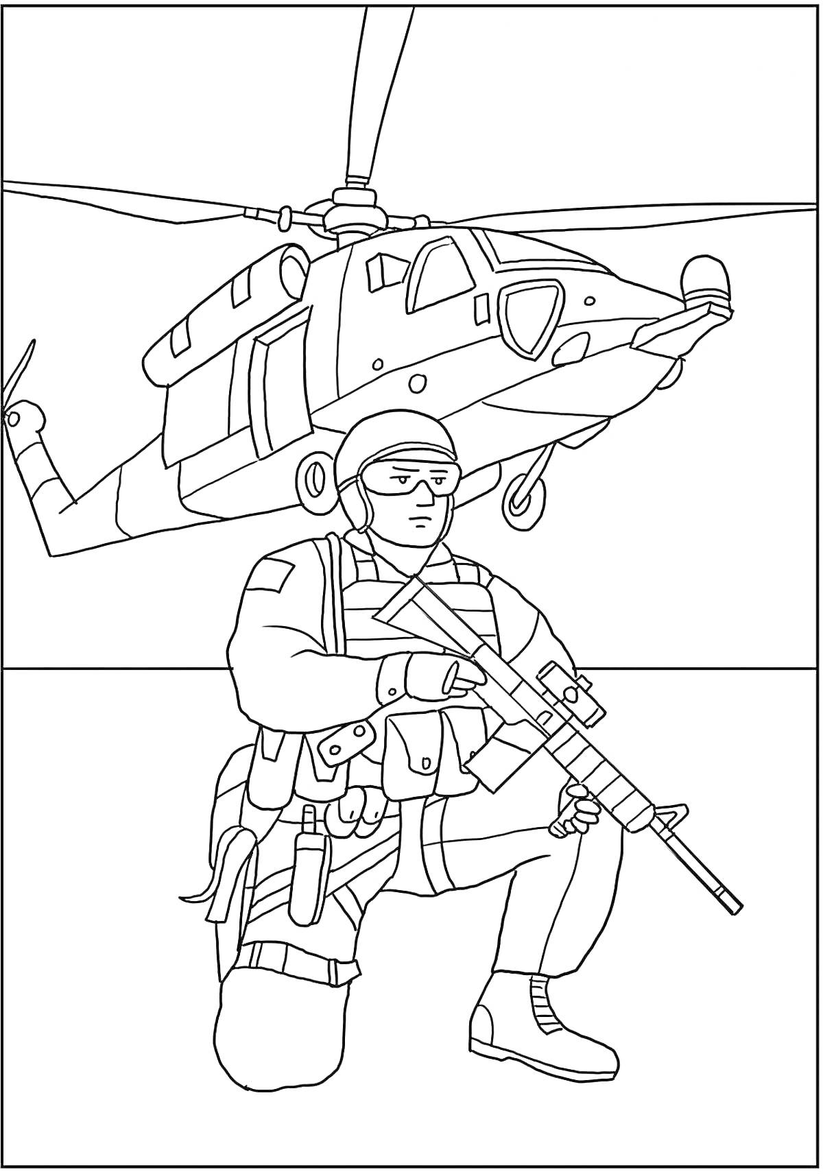 На раскраске изображено: Солдат, Вертолет, Оружие, Военная техника, Для детей, Военный, Армия