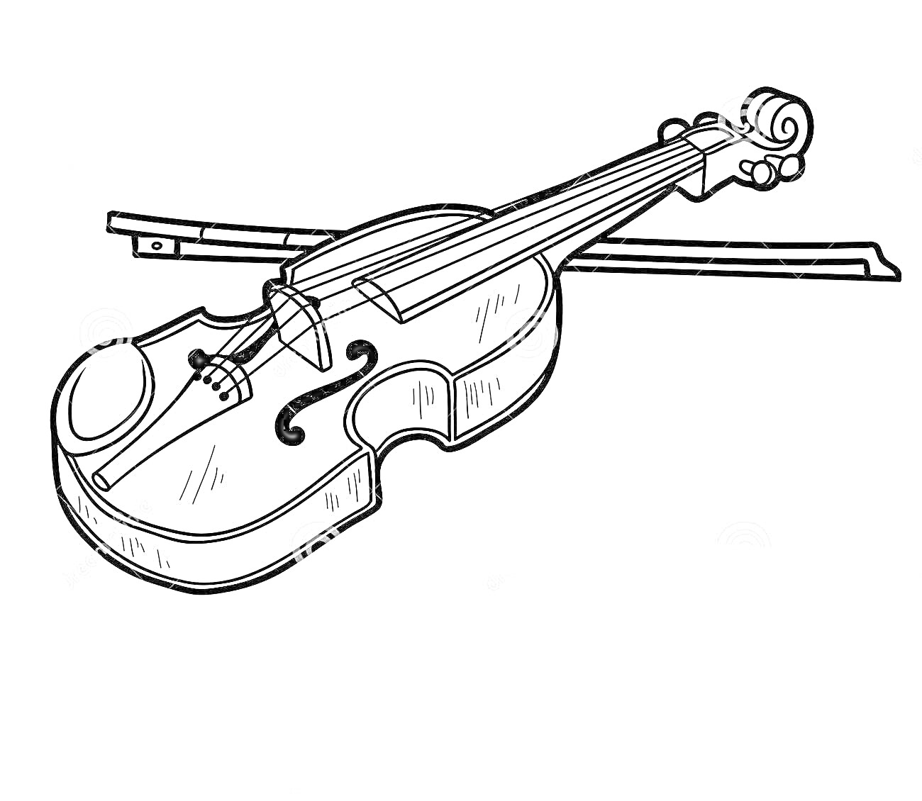 На раскраске изображено: Скрипка, Смычок, Музыкальные инструменты, Музыка, Инструмент, Струнный инструмент