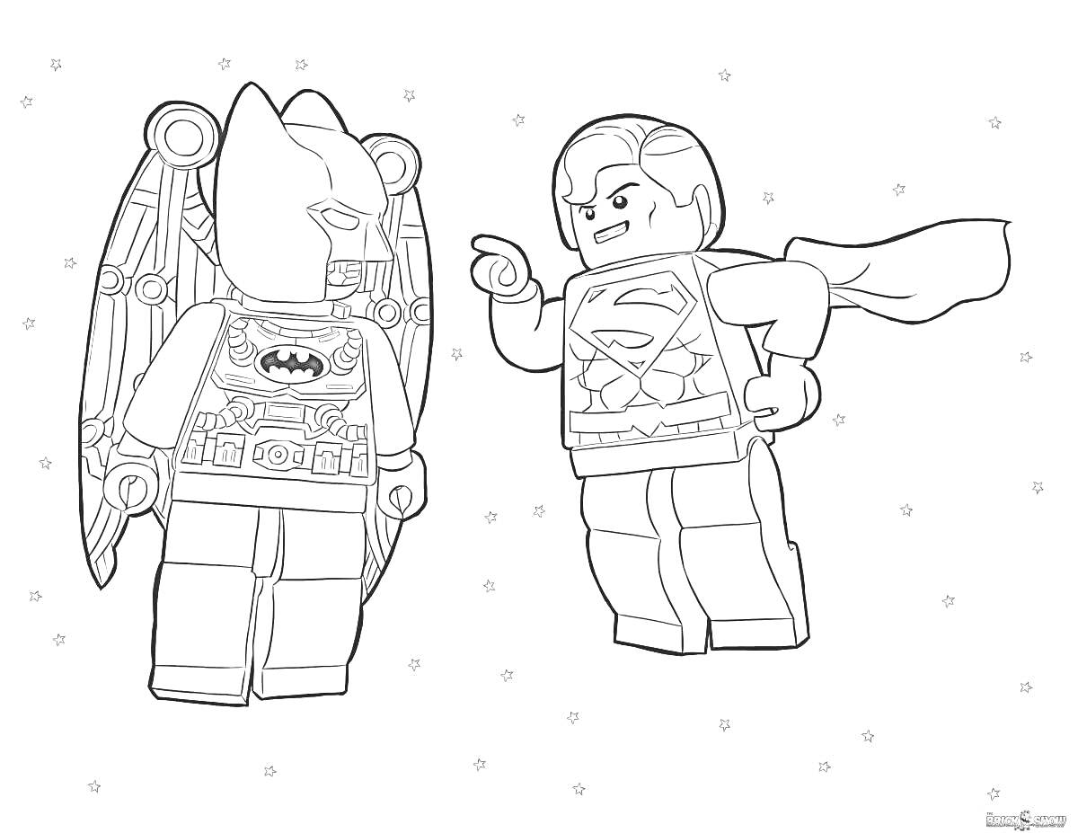 Раскраска Лего-фигурки в костюмах супергероев, с изображением персонажей с накидками, один с крыльями, другой с логотипом на груди и плащом, фоном точечный узор