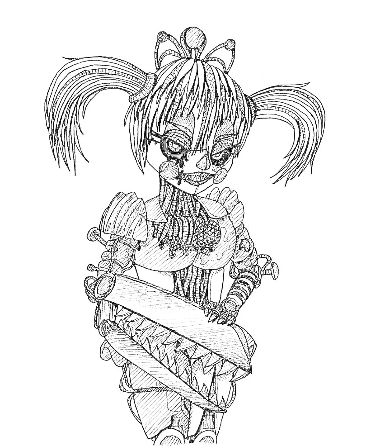 Раскраска Бейби из FNaF с двумя хвостиками, кукольным лицом и большой механической рукой