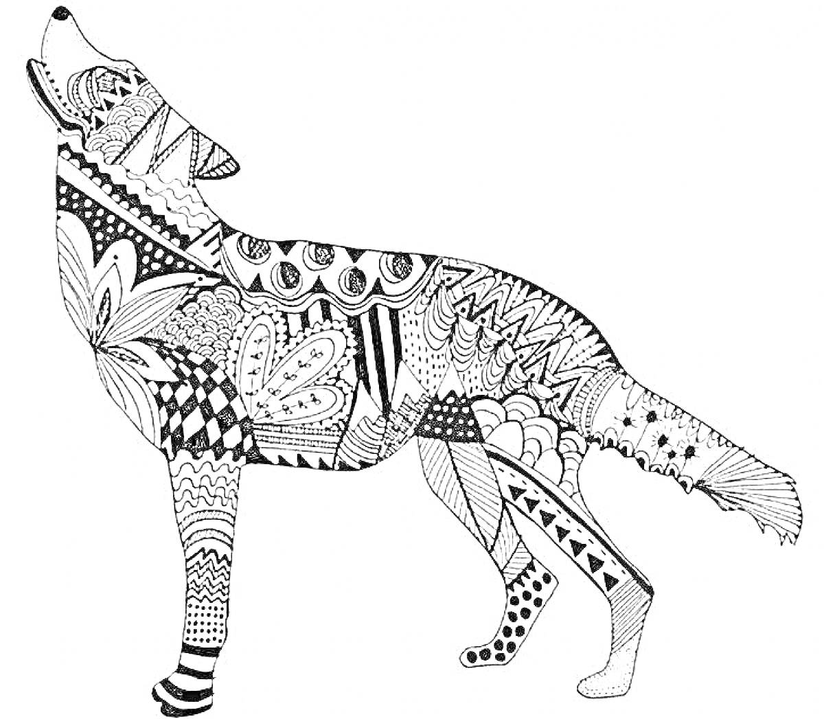 Раскраска Антистресс раскраска волка с узорами, включающими цветы, листья, зигзаги, волнистые линии, точки и полосы