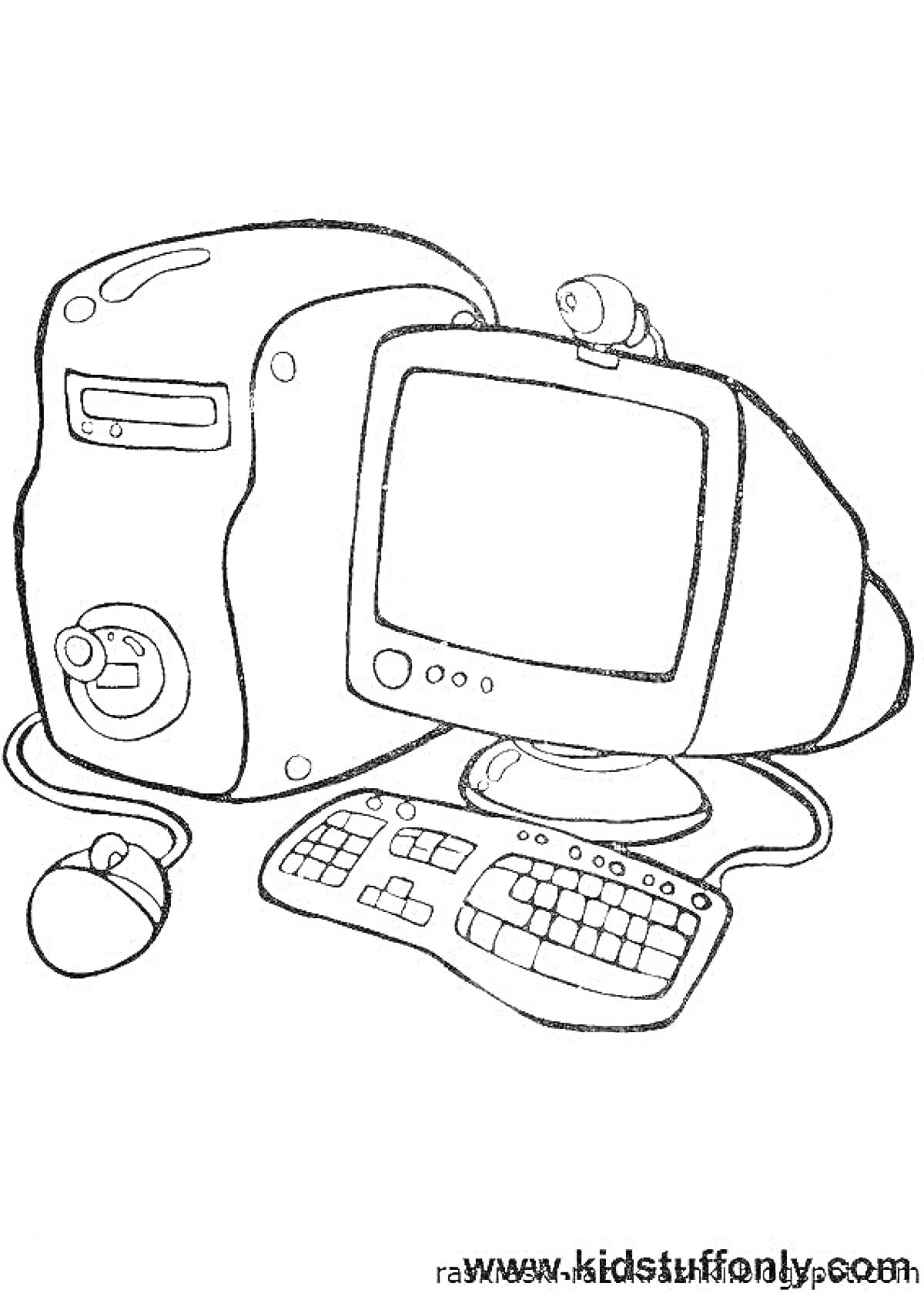 Раскраска Компьютерный набор с монитором, системным блоком, клавиатурой, мышью и веб-камерой