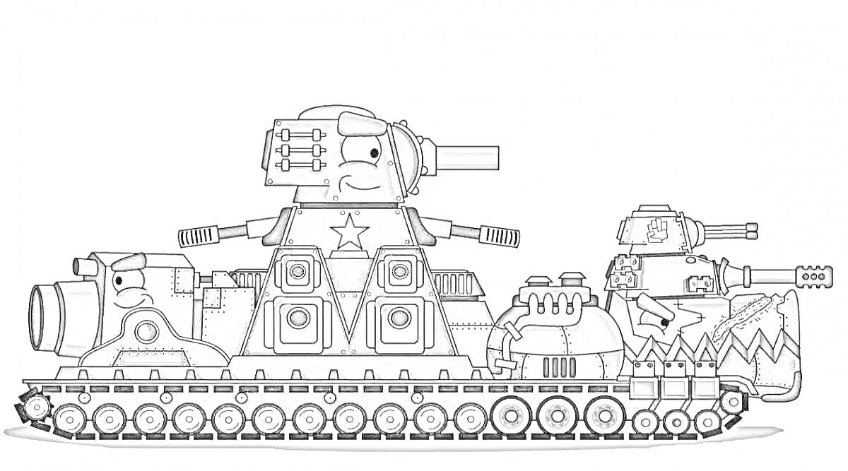 Раскраска Очень большой танк с царапинами на боковой части, звездами на корпусе, и тремя большими пушками