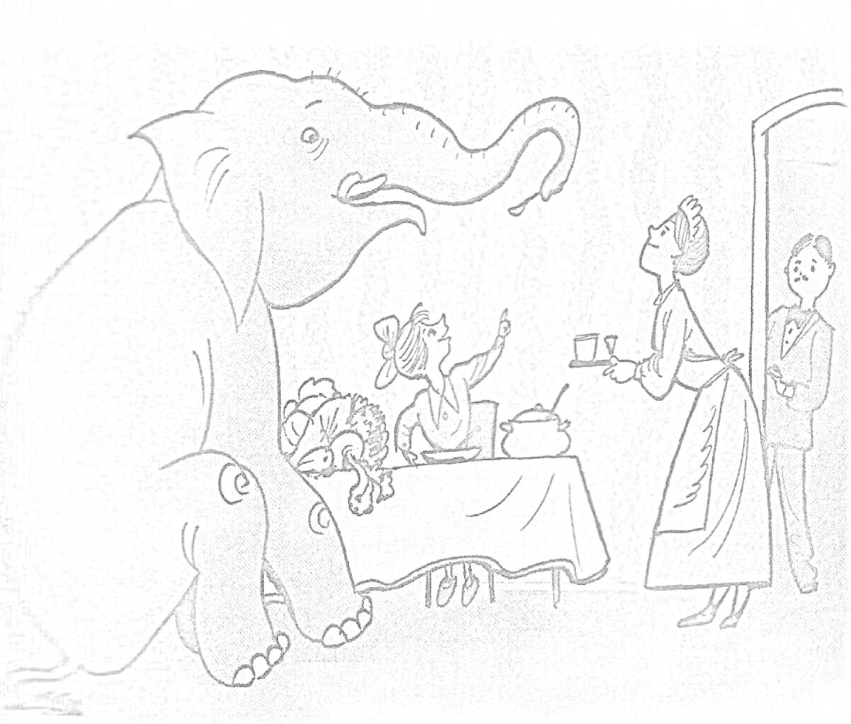 Раскраска Слон в комнате, мальчик за столом, женщина с чайником и подносом, слуга у двери