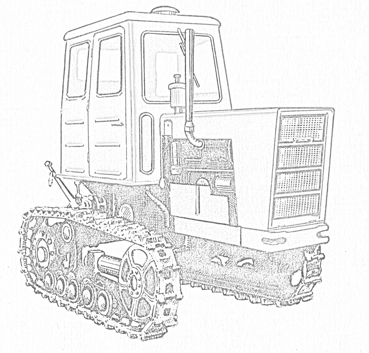 На раскраске изображено: Трактор, ДТ-75, Гусеничный, Техника, Тяжелая техника