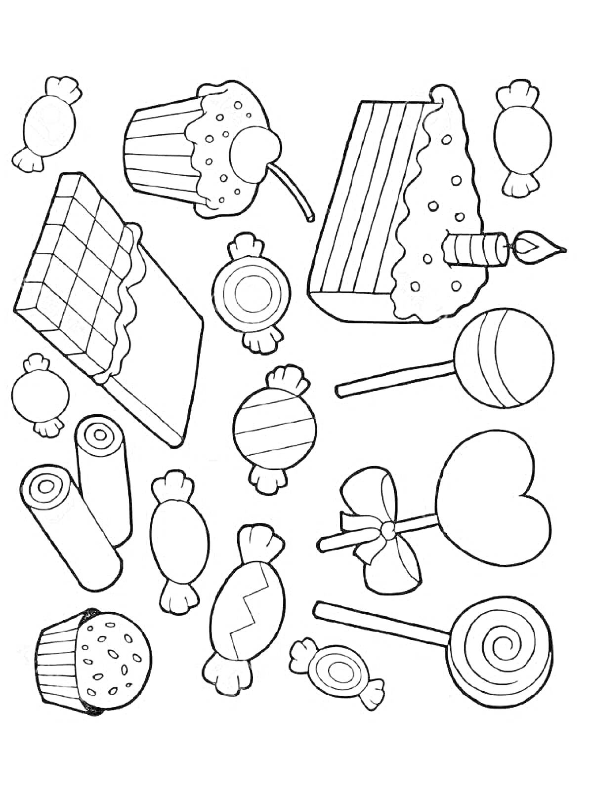 На раскраске изображено: Леденцы на палочке, Конфеты, Фантики, Пирожное, Крем, Свечка, Мармеладки, Сладости, Десерты, Выпечка