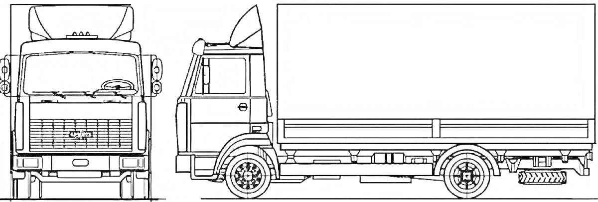 Раскраска Вид спереди и сбоку грузового автомобиля МАЗ
