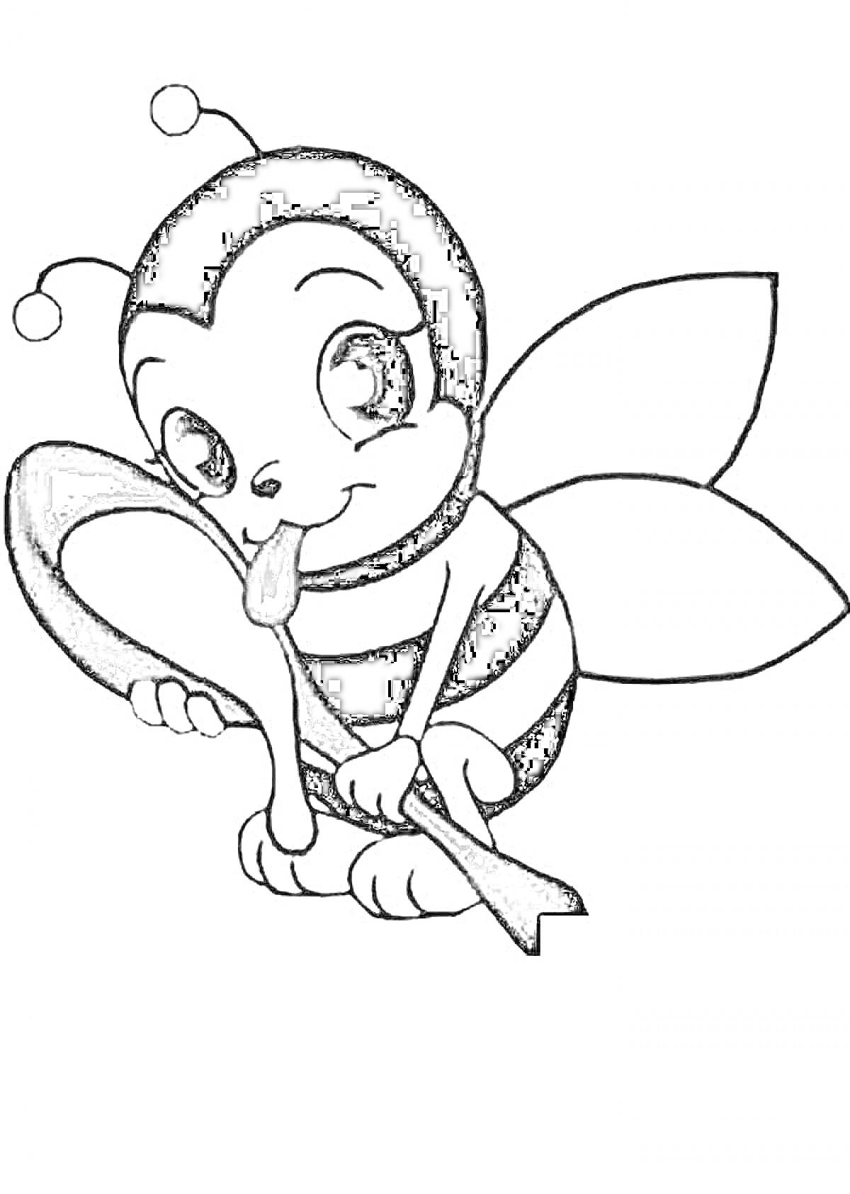 Раскраска Пчелка с крылышками и усиками, держащая ложку с медом