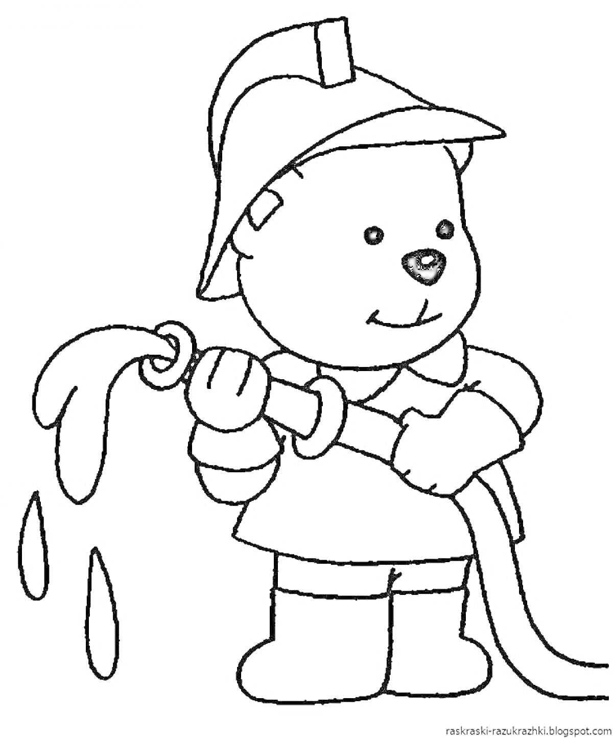 Раскраска Медвежонок-пожарный с пожарным рукавом и струей воды