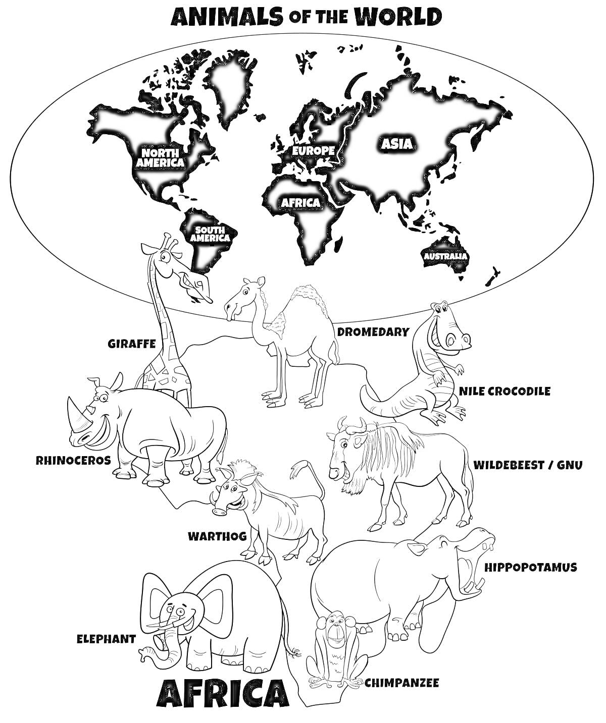 Раскраска Animals of the World - Africa: карта мира и животные Африки (жираф, верблюд, крокодил Нильский, антилопа гну, бегемот, шимпанзе, слон, бородавочник, носорог)