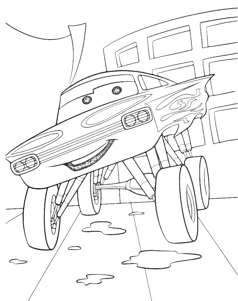 Раскраска Раскраска с мультяшной машиной на больших колесах, стоящей на фоне здания