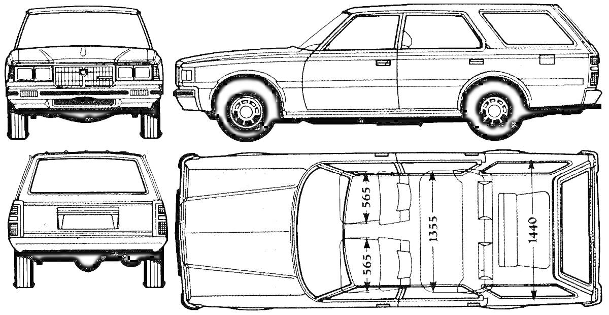 Раскраска Чертеж автомобиля Toyota Crown: вид спереди, сбоку, сзади и сверху с указанием внутренних размеров