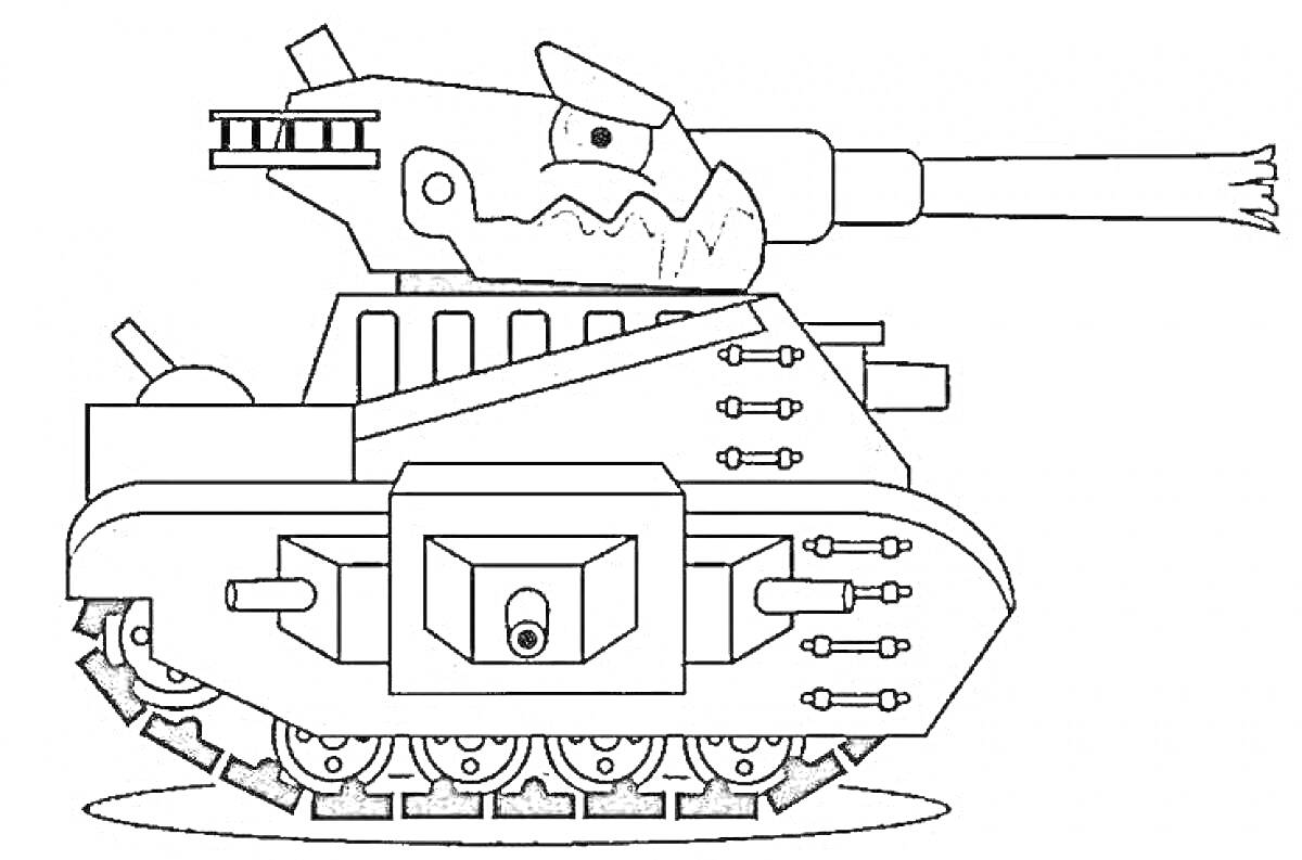 Раскраска Танковый мультик - радостный танк с детализированной башней и гусеницами