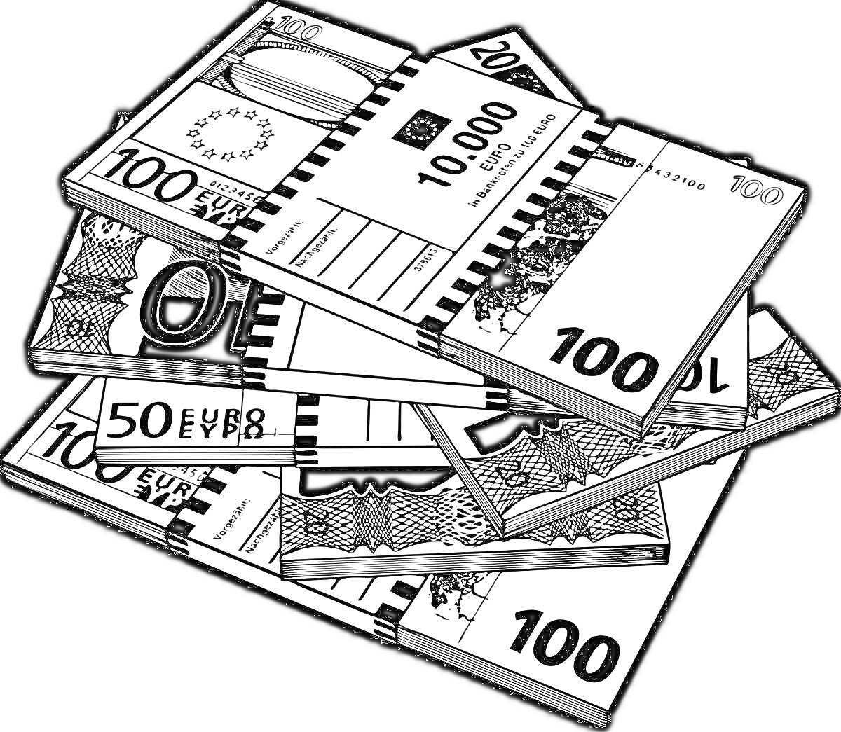 Раскраска пачка евро, включающая купюры номиналом 50, 100 и 10,000 евро
