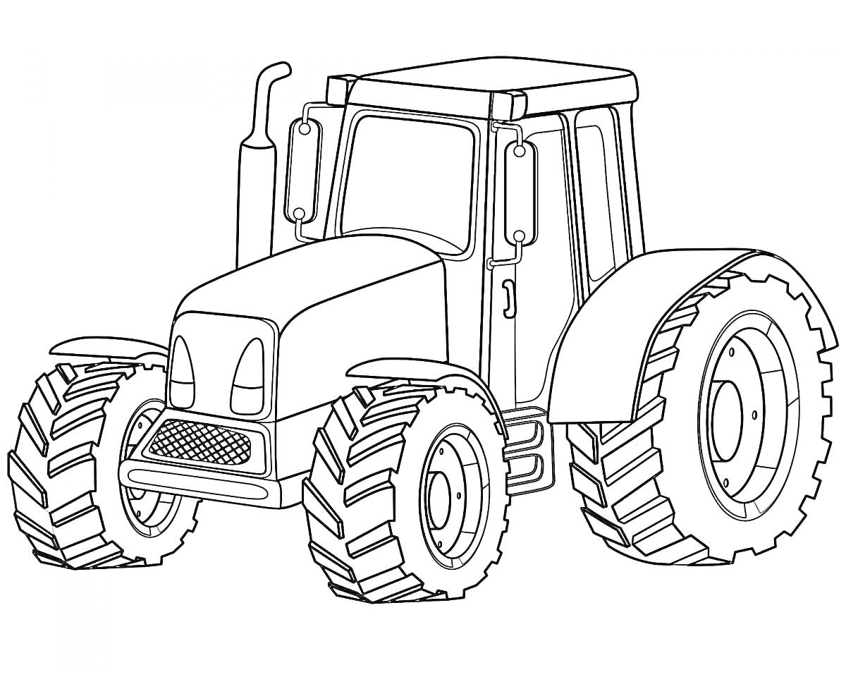 Раскраска Трактор МТЗ-82 с большими передними и задними колесами, с кабиной водителя и выхлопной трубой.