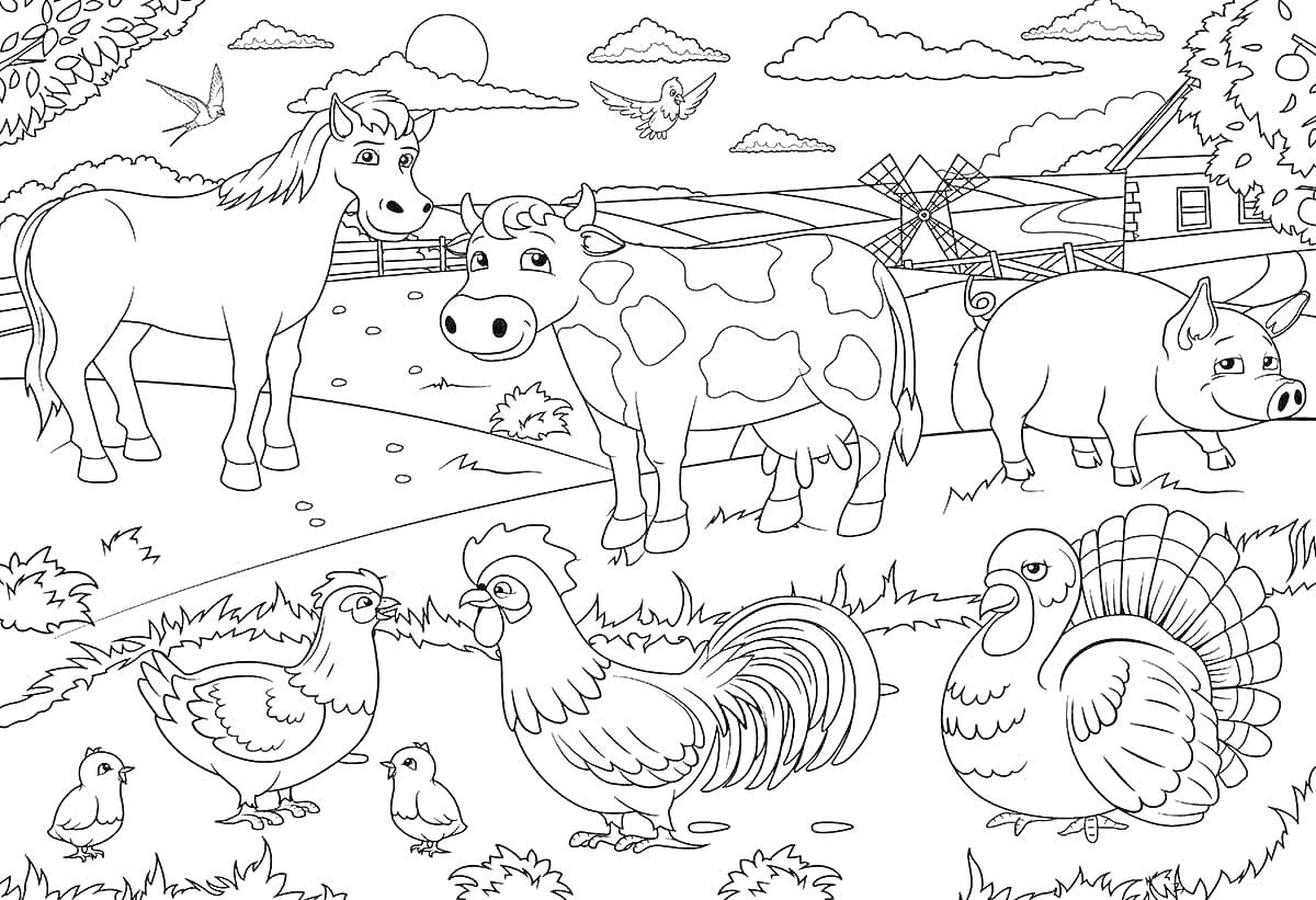 На раскраске изображено: Лошадь, Корова, Индейка, Петух, Цыплята, Ферма, Домашние животные, Сельская местность, Природа, Для детей 4-5 лет, Для детей, Животные, Курицы, Свиньи