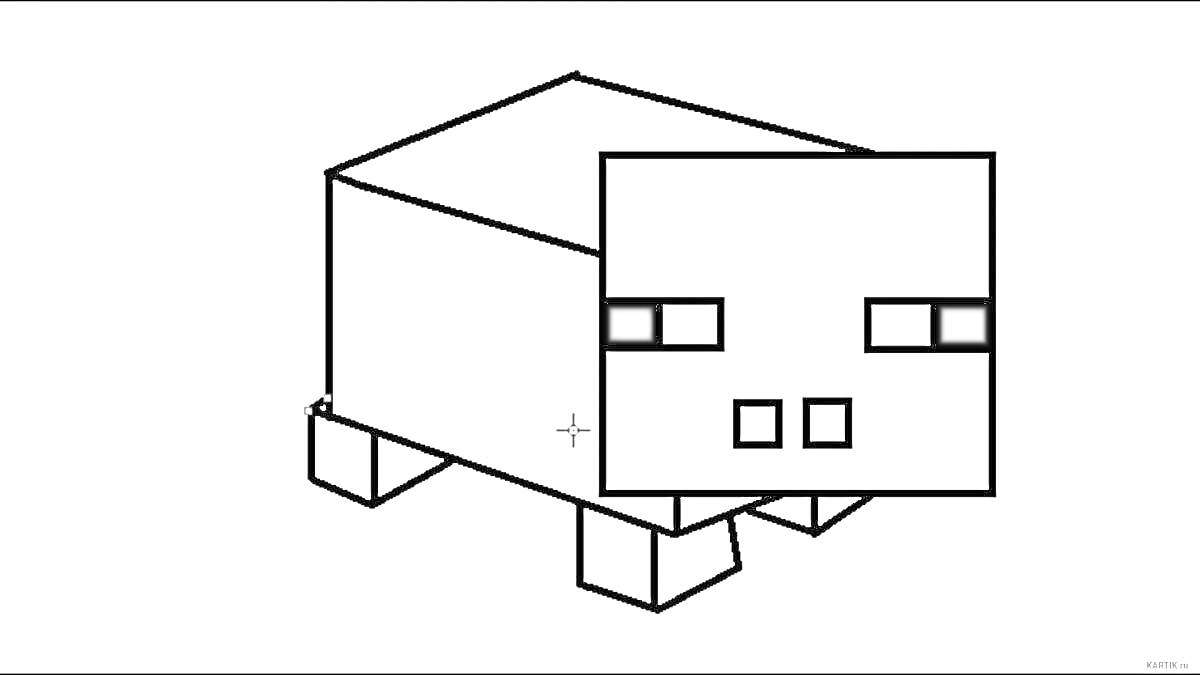 Майнкрафт свинья с кубической головой и телом, стоящая на кубических ножках