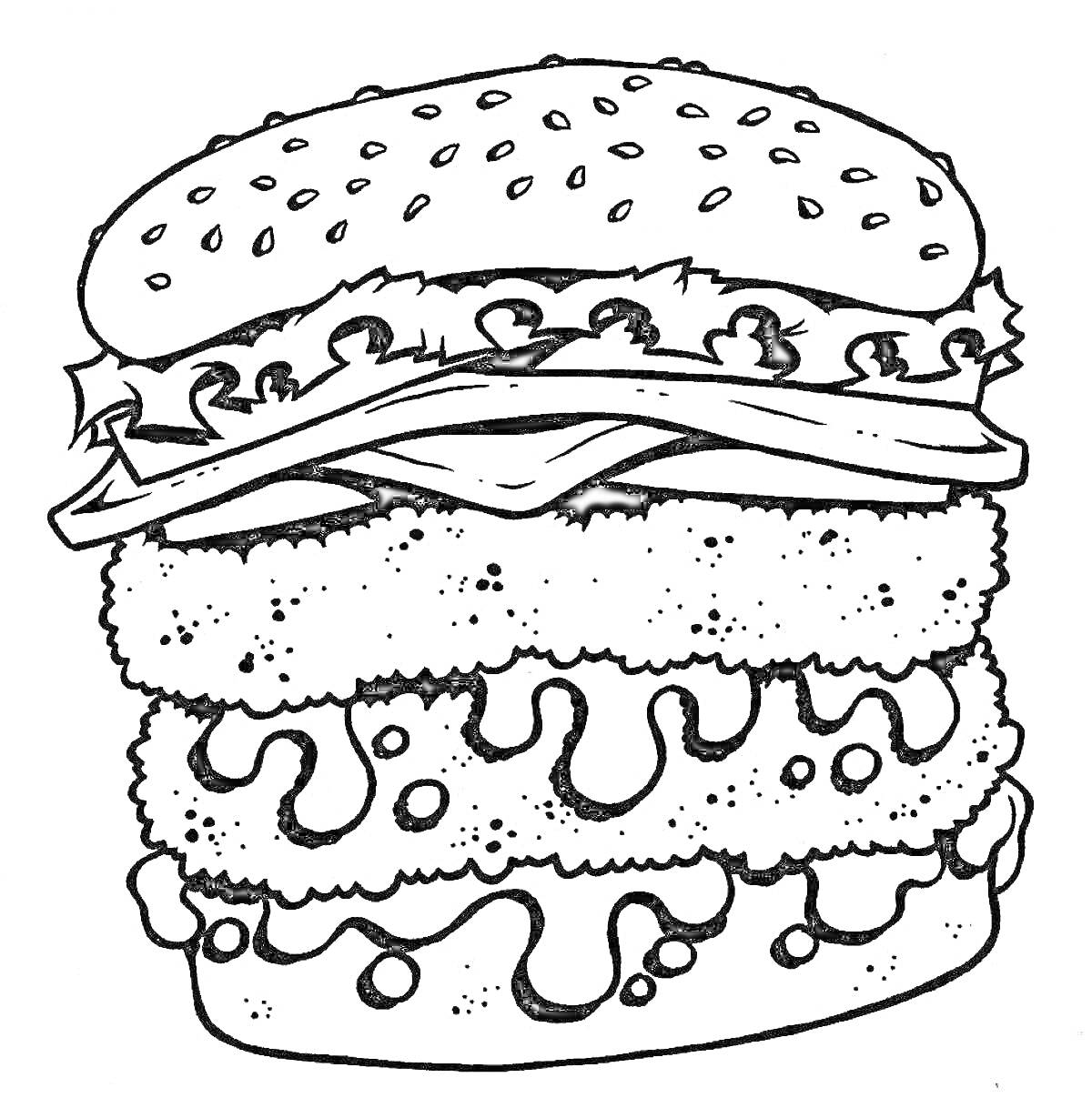 Раскраска Бургер с салатом, сыром, котлетами и соусом