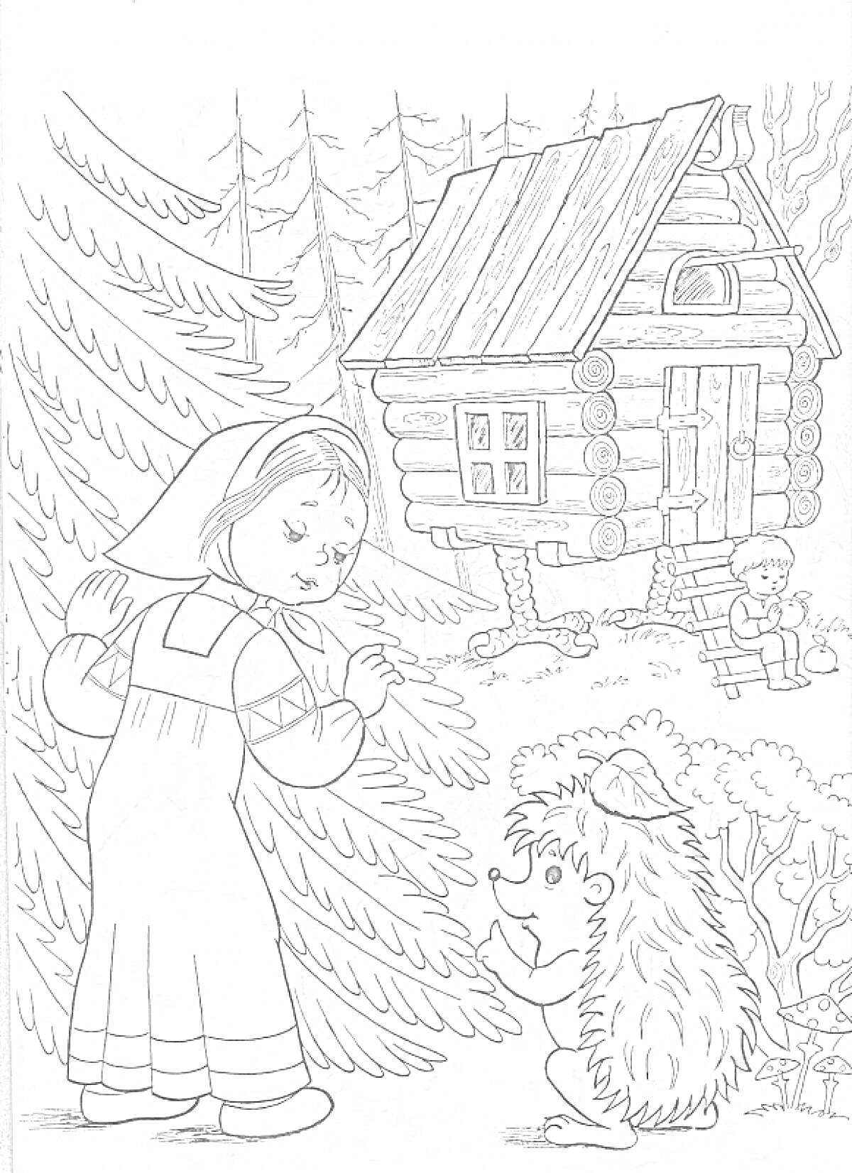 Раскраска Девочка, говорящая с ежом у избушки на курьих ножках, мальчик сидит на лавочке среди деревьев