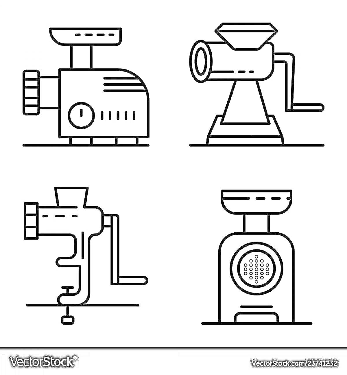 Раскраска Четыре вида мясорубок с рукоятками и корпусами