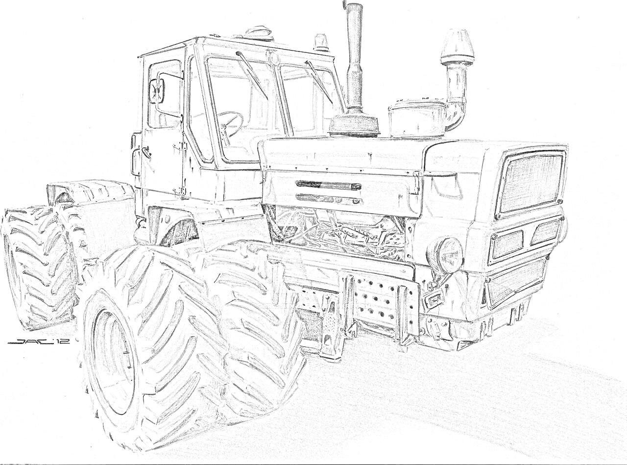 На раскраске изображено: Трактор, К-700, Большие колеса, Кабина водителя, Техника