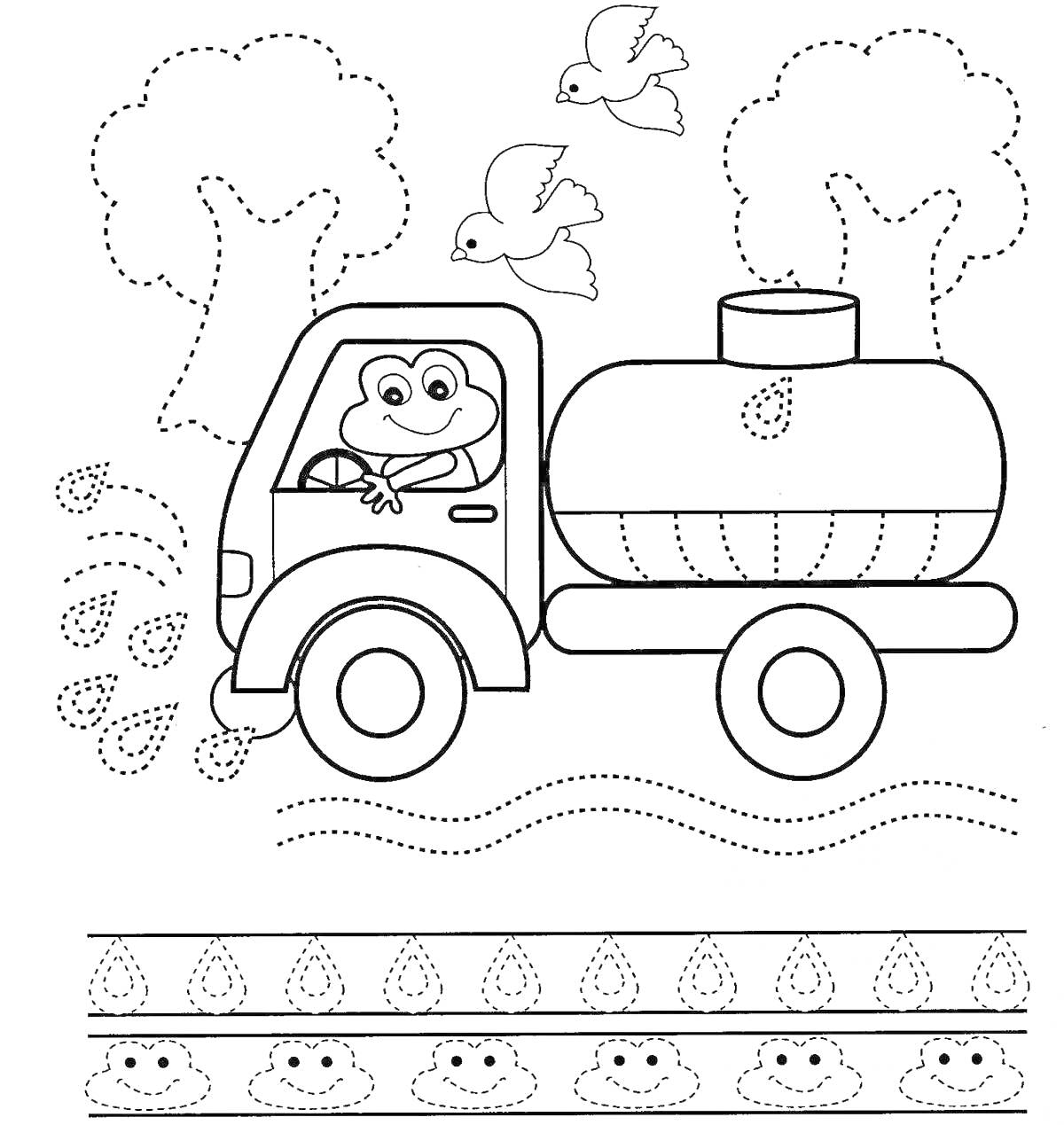 Раскраска Лягушка на поливочной машине с птицами, деревьями и узором капель воды в форме милых лиц