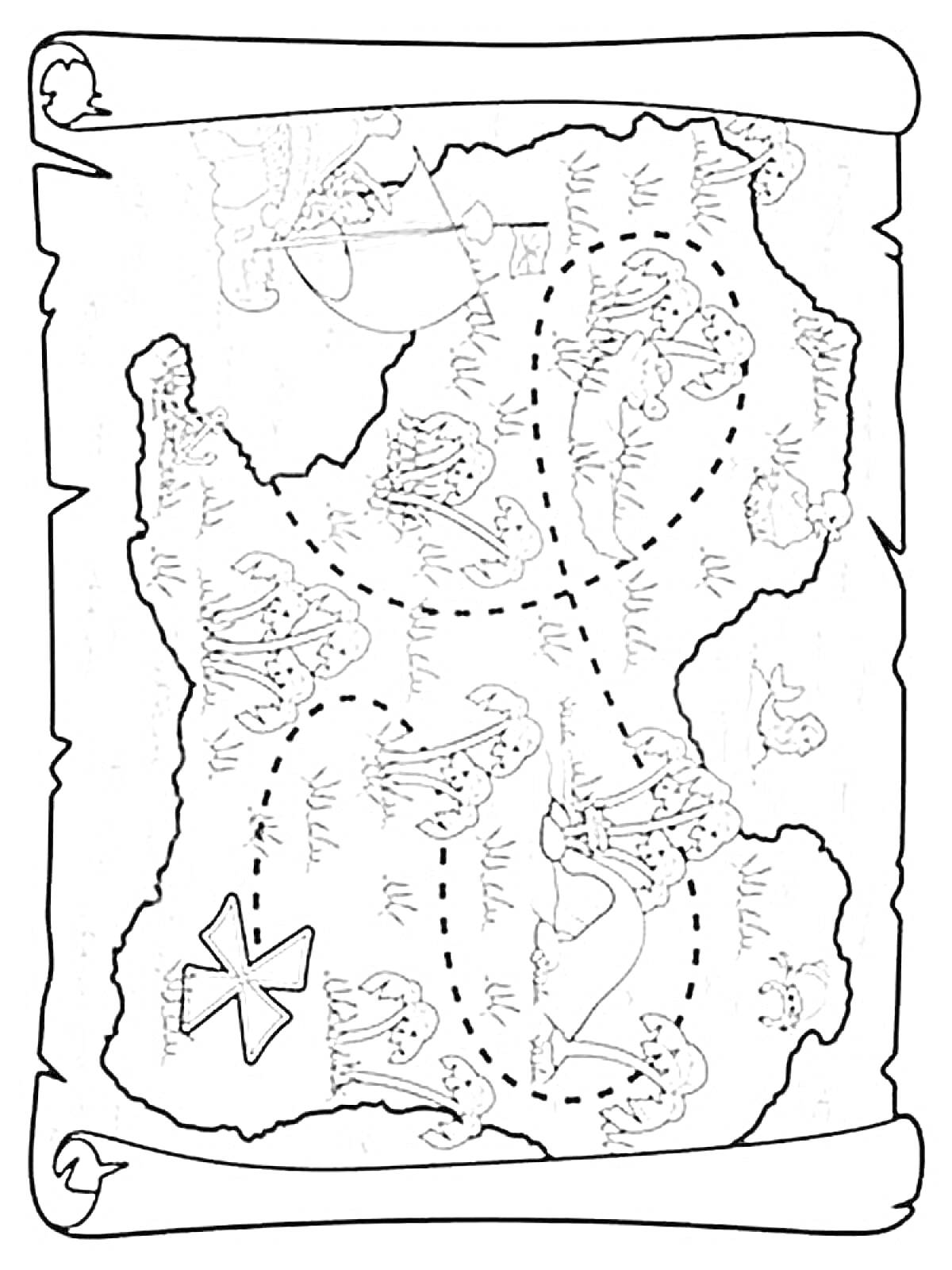Раскраска Карта сокровищ с пиратским кораблем, горами, деревьями, маршрутом и крестом для сокровищ