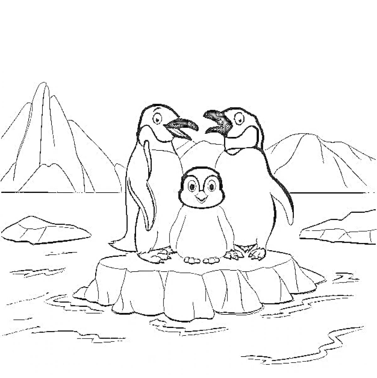 Раскраска Два взрослых пингвина и птенец на льдине среди айсбергов