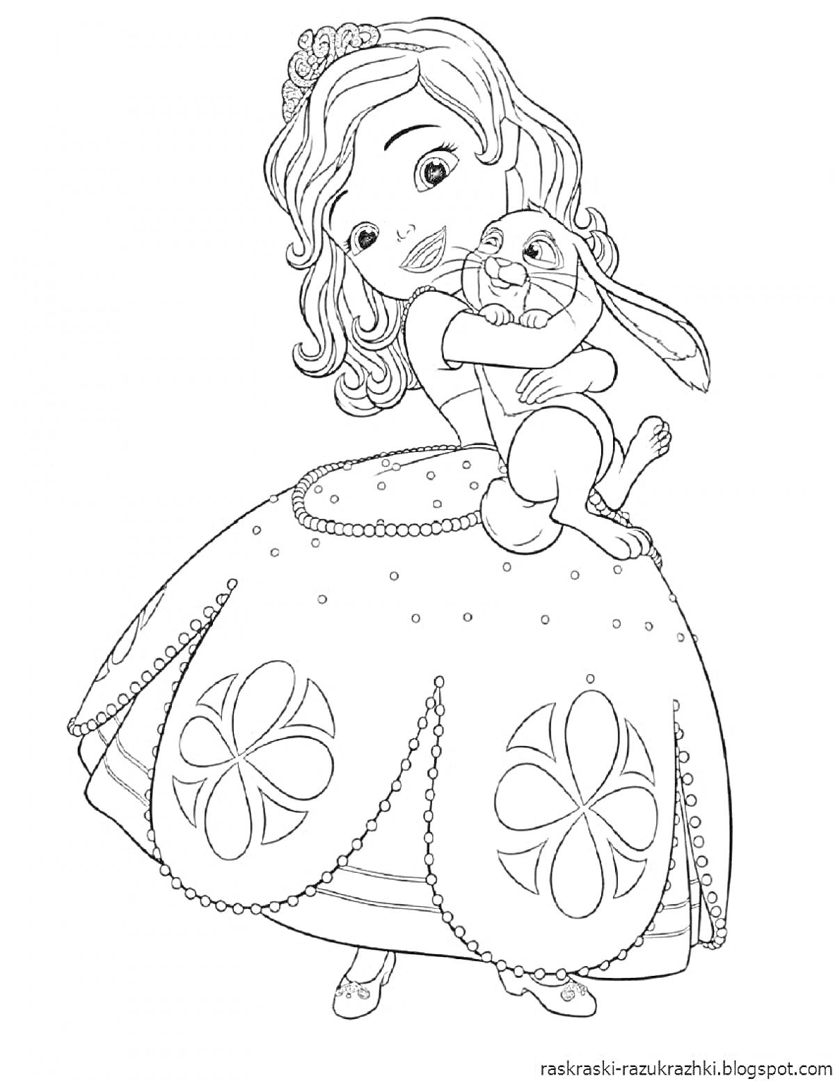 На раскраске изображено: Девочка, Платье, Цветочный узор, Кролик, Для девочек, 4-5 лет
