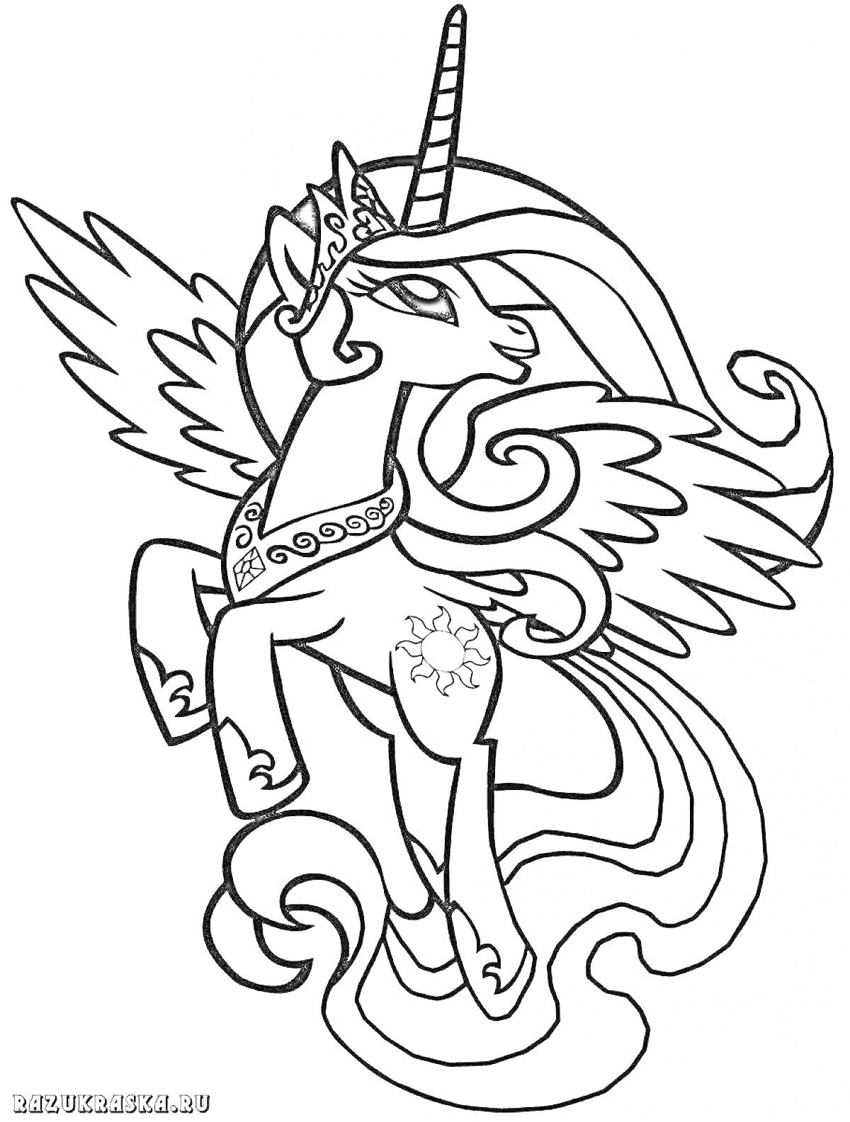 Раскраска Принцесса Селестия с расправленными крыльями и короной на голове в полете