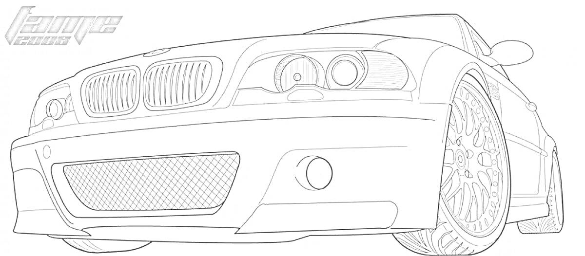 Раскраска BMW M3 крупный план, передняя часть автомобиля, вид сбоку, колеса, фары, боковое зеркало