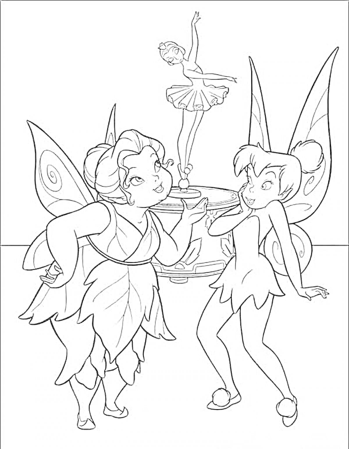 Раскраска Две феи у музыкальной шкатулки с фигуркой балерины