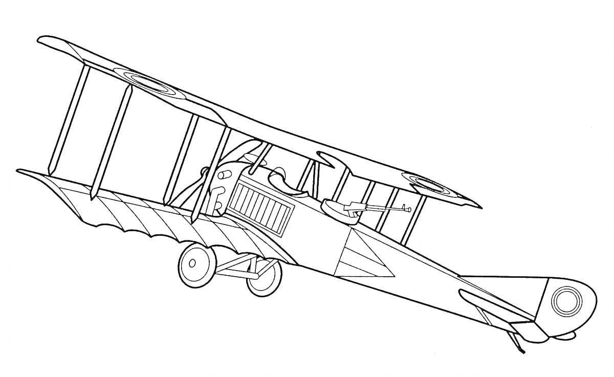 Раскраска Аэроплан с открытой кабиной, двумя рядами крыльев и шасси