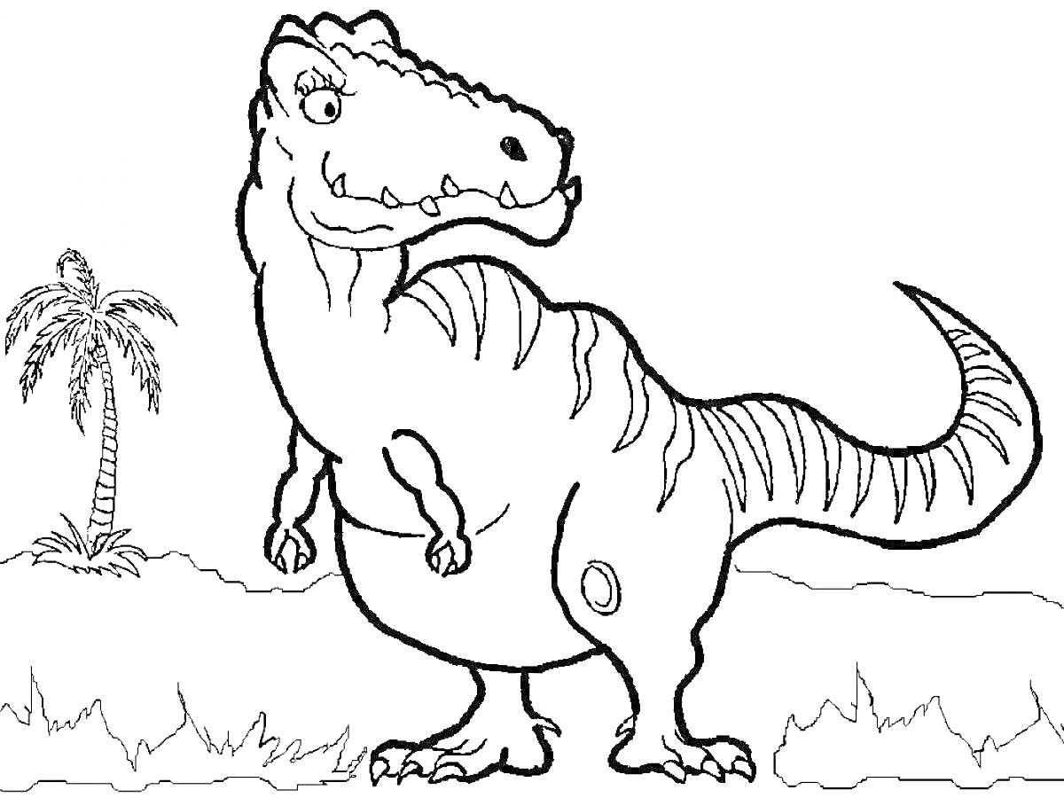 На раскраске изображено: Динозавр, Трава, Природа, Для детей, Пальмы, Доисторическая эпоха