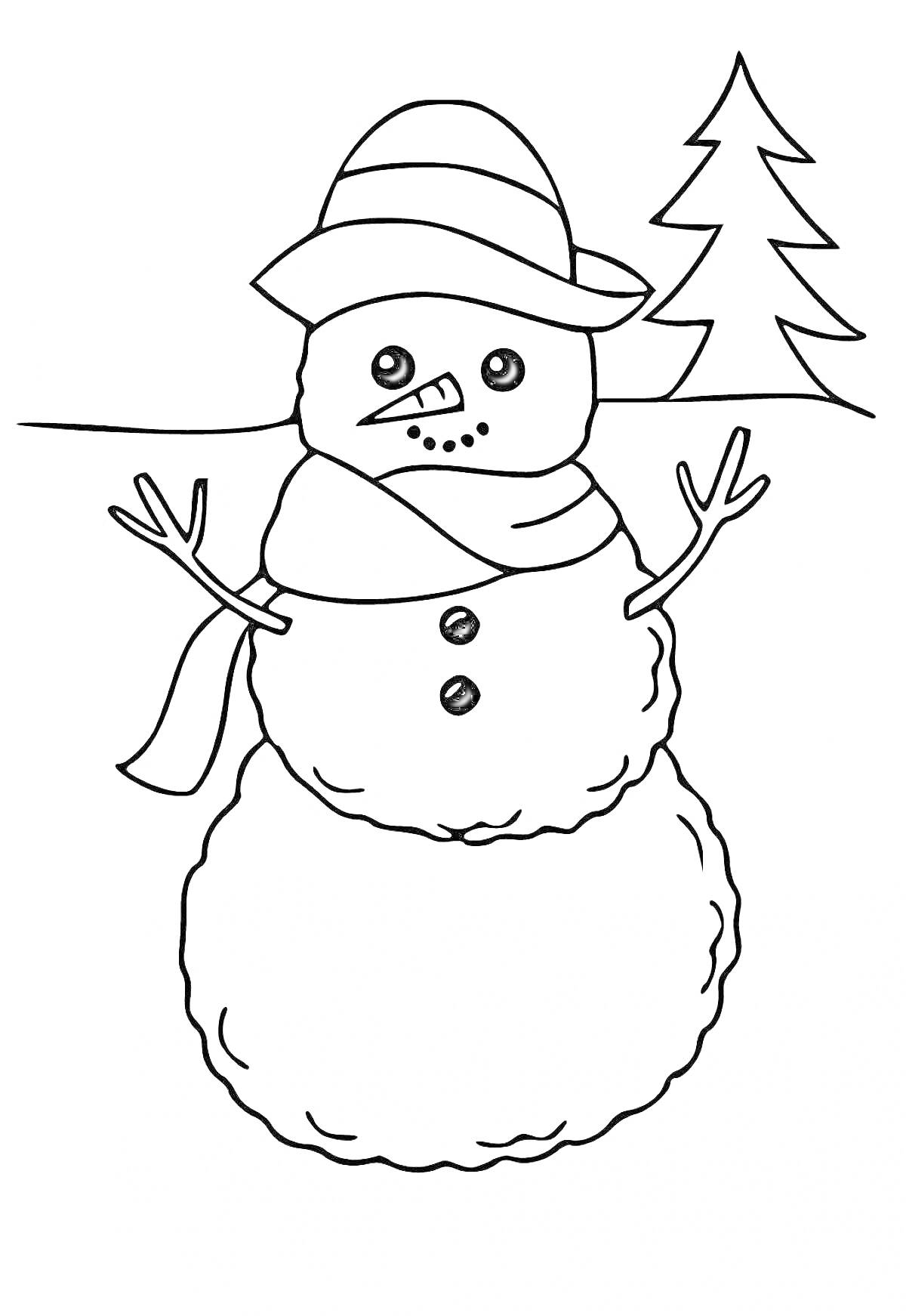 Раскраска Снеговик с деревом, шапкой и шарфом