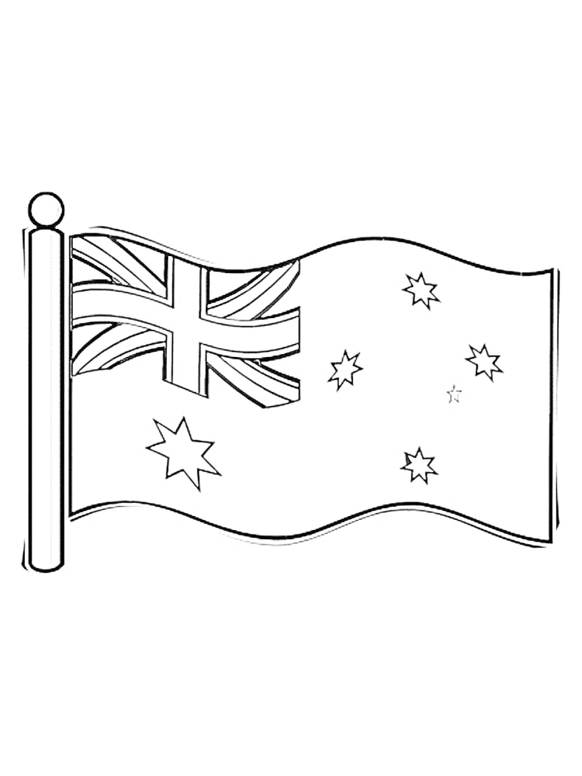 Раскраска Флаг Австралии с юнион джеком и звездами на флагштоке