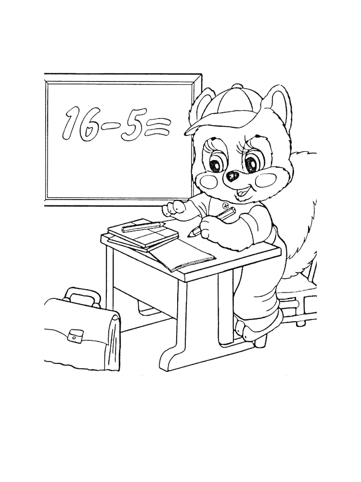 Раскраска Ученик-зверек с ручкой за школьной партой делает уроки, рядом рюкзак и доска с примером 16-5=